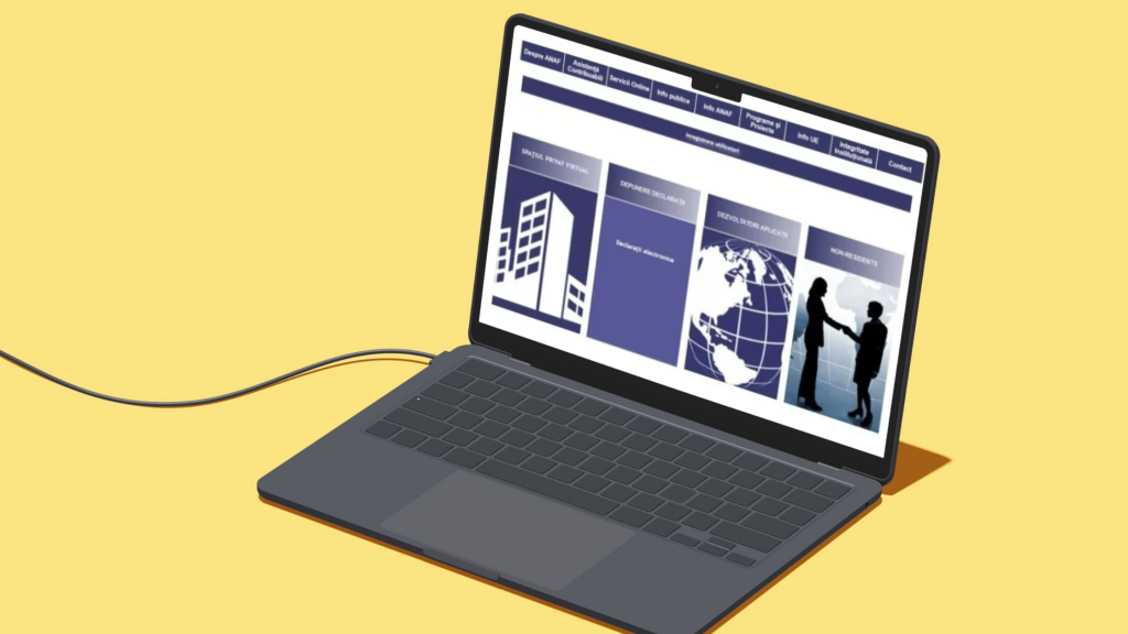 Ilustrație cu un laptop deschis, pe fundal galben